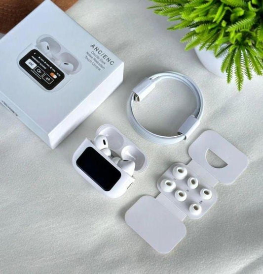 A9 Pro Touch Screen AirPods_Pro are ANC wireless earbuds featuring an LCD display, Bluetooth 5.0, pop-up functionality, and super bass.