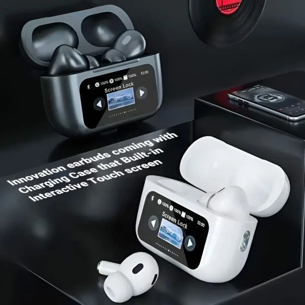 A9 Pro Touch Screen AirPods_Pro are ANC wireless earbuds featuring an LCD display, Bluetooth 5.0, pop-up functionality, and super bass.